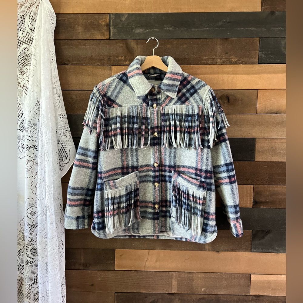 Blank Nyc Fringe Plaid Light Blue / Pink / Grey Shacket Jacket
